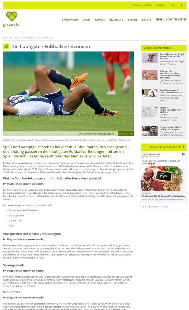 „Die häufigsten Fußballverletzungen“ (gesund.at, Juni 2014)